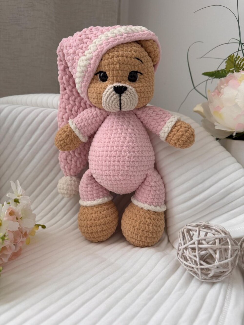 Handmade Crochet Teddy Bear, Sleepy Pajama Plush Toy, Amigurumi Brown Bear - Picture 2 of 7